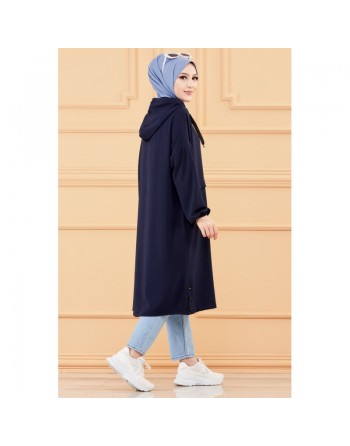 Tunique ample avec capuche (Tenue décontractée pour femme musulmane) - Couleur bleu marine 