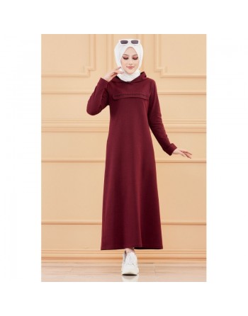 Robe-sweat long décontracté avec capuche (Tenue moderne style sport pour Hijab) - Couleur bordeaux 