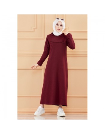 Robe-sweat long décontracté avec capuche (Tenue moderne style sport pour Hijab) - Couleur bordeaux 