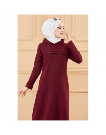 Robe-sweat long décontracté avec capuche (Tenue moderne style sport pour Hijab) - Couleur bordeaux 