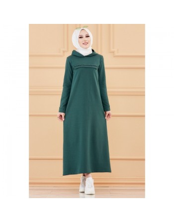 Robe longue style sweat avec capuche (Vetement hijab pour musulmane sportive) - Couleur vert émeraude 