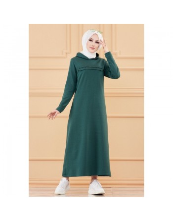 Robe longue style sweat avec capuche (Vetement hijab pour musulmane sportive) - Couleur vert émeraude 