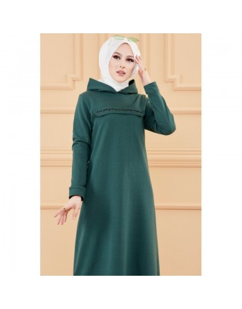 Robe longue style sweat avec capuche (Vetement hijab pour musulmane sportive) - Couleur vert émeraude 
