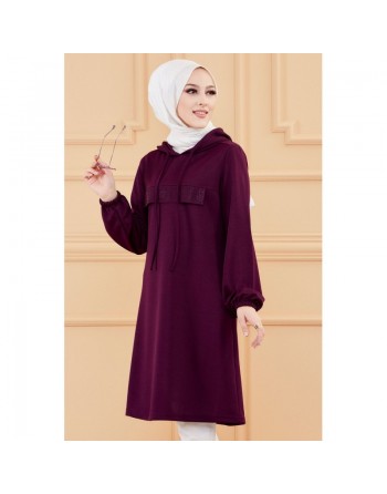 Tunique avec strass et capuche (Vêtement décontracté moderne pour hijab) - Couleur violet 