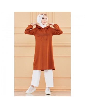 Tunique décontractée avec strass et capuche (Vêtement moderne pour jeune musulmane) - Couleur brique 
