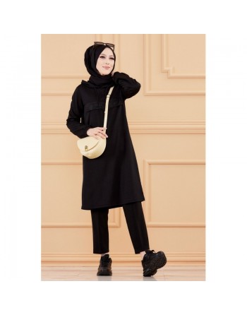 Tunique avec strass et capuche (Vêtement décontracté moderne pour hijab) - Couleur noir 