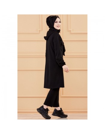 Tunique avec strass et capuche (Vêtement décontracté moderne pour hijab) - Couleur noir 