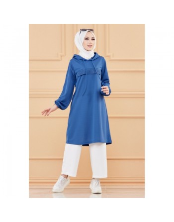 Tunique décontractée avec capuche (Vêtement moderne pour hijab) - Couleur bleu indigo 