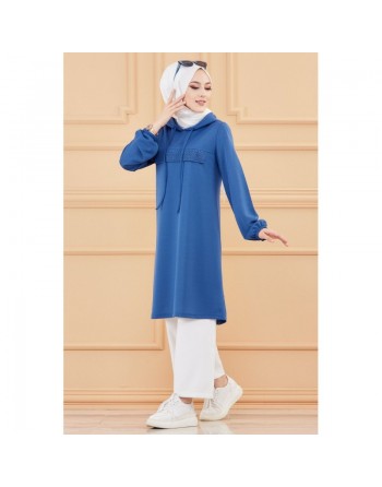 Tunique décontractée avec capuche (Vêtement moderne pour hijab) - Couleur bleu indigo 