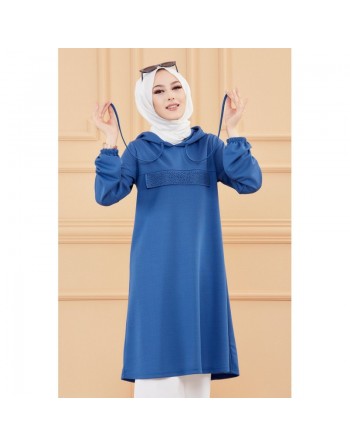 Tunique décontractée avec capuche (Vêtement moderne pour hijab) - Couleur bleu indigo 