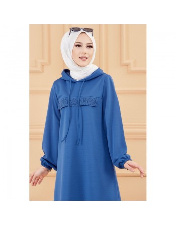 Tunique décontractée avec capuche (Vêtement moderne pour hijab) - Couleur bleu indigo 