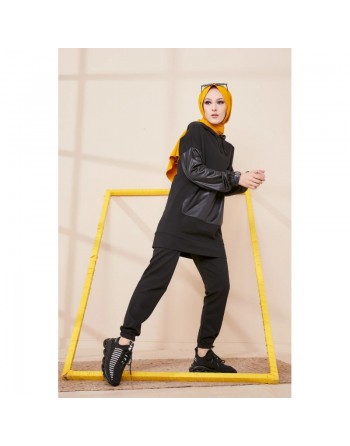Ensemble décontracté fashion skai (Sweat capuche et pantalon) - Couleur noir 