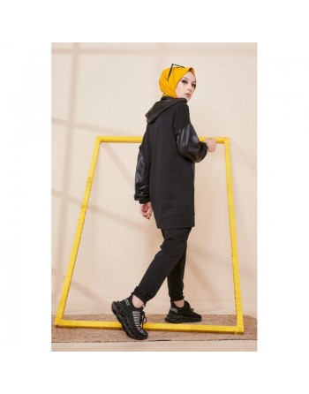 Ensemble décontracté fashion skai (Sweat capuche et pantalon) - Couleur noir 