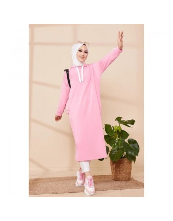 Tunique décontractée avec capuche pour femme (Vetement hijab moderne pour jeune) - Couleur rose 