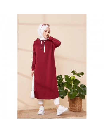 Tunique décontractée avec capuche pour femme (Tenue hijab moderne et sport) - Couleur bordeaux 