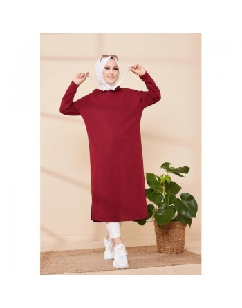 Tunique décontractée avec capuche pour femme (Tenue hijab moderne et sport) - Couleur bordeaux 