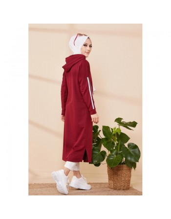 Tunique décontractée avec capuche pour femme (Tenue hijab moderne et sport) - Couleur bordeaux 