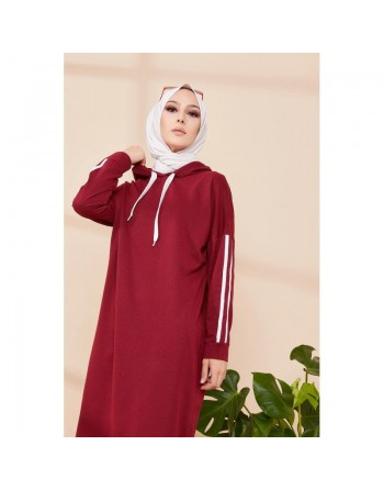 Tunique décontractée avec capuche pour femme (Tenue hijab moderne et sport) - Couleur bordeaux 