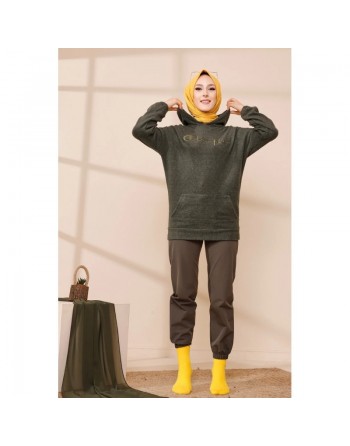 Sweat femme avec capuche brodé "Champion" (Saison Automne-Hiver) - Couleur kaki 