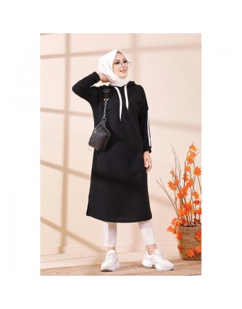 Tunique décontractée avec capuche pour femme (Vetement hijab sport) - Couleur noir 