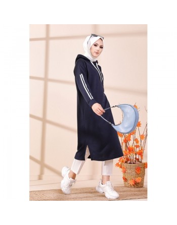 Tunique sweat long avec capuche pour femme (Vetement hijab moderne et sport) - Couleur bleu marine 