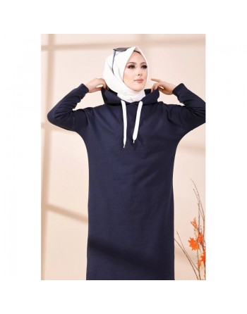 Tunique sweat long avec capuche pour femme (Vetement hijab moderne et sport) - Couleur bleu marine 
