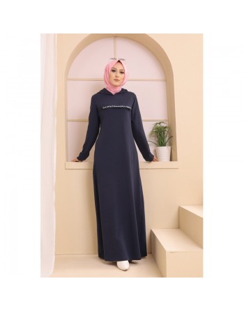Robe longue style sweat décontracté avec capuche (Hijab et Mode Modeste) - Couleur bleu marine 