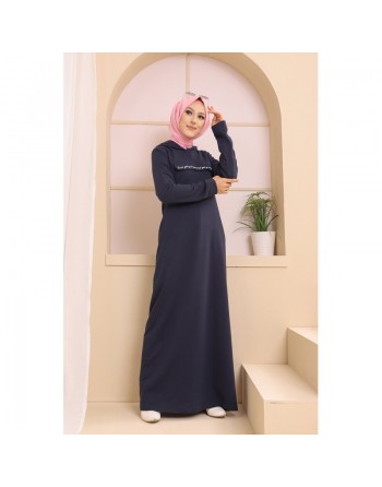 Robe longue style sweat décontracté avec capuche (Hijab et Mode Modeste) - Couleur bleu marine 