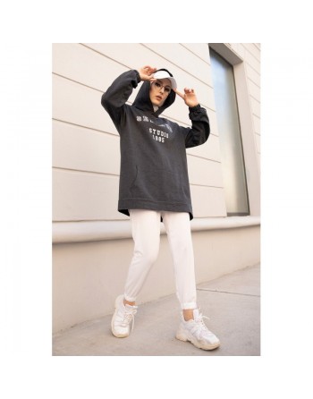 Sweat avec capuche imprimé pour femme - Couleur anthracite 