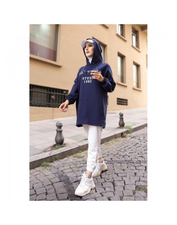 Sweat ample avec capuche imprimé pour femme - Couleur bleu marine 