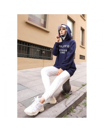 Sweat ample avec capuche imprimé pour femme - Couleur bleu marine 