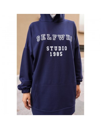 Sweat ample avec capuche imprimé pour femme - Couleur bleu marine 