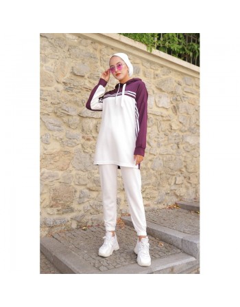 Survêtement femme (Ensemble décontracté deux pièces sweat à capuche et pantalon) - Couleur Blanc et prune 