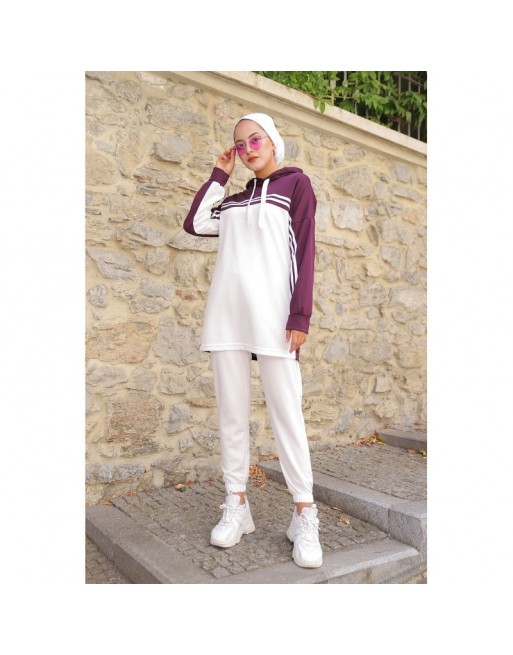 Survêtement femme (Ensemble décontracté deux pièces sweat à capuche et pantalon) - Couleur Blanc et prune 