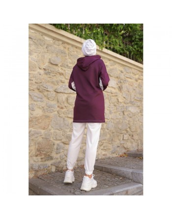 Survêtement femme (Ensemble décontracté deux pièces sweat à capuche et pantalon) - Couleur Blanc et prune 