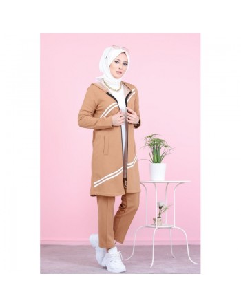 Ensemble survêtement islamique à capuche et bandes blanches pour femme voilée - Couleur biscuit 