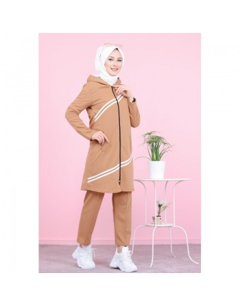 Ensemble survêtement islamique à capuche et bandes blanches pour femme voilée - Couleur biscuit 