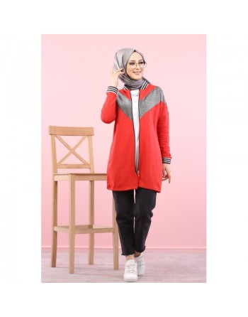 Veste argentée pour femme - Tunique zippée style sportswear (Mode Musulmane) - Couleur rouge 