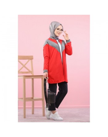 Veste argentée pour femme - Tunique zippée style sportswear (Mode Musulmane) - Couleur rouge 