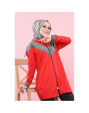 Veste argentée pour femme - Tunique zippée style sportswear (Mode Musulmane) - Couleur rouge 