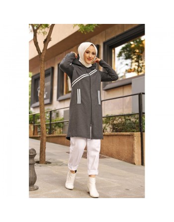Veste longue à capuche type Sportswear pour femme voilée - Couleur anthracite 