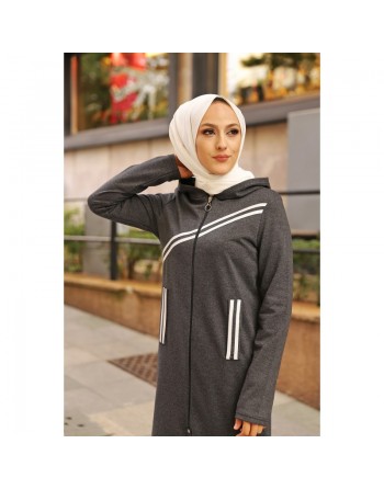 Veste longue à capuche type Sportswear pour femme voilée - Couleur anthracite 