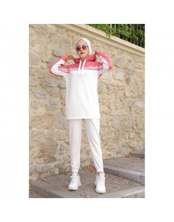 Survêtement femme (Ensemble décontracté deux pièces sweat à capuche et pantalon) - Couleur Blanc et Rose 