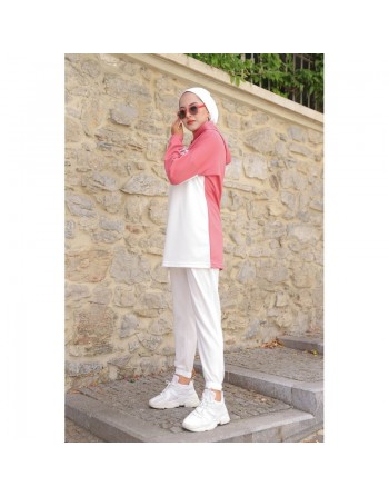 Survêtement femme (Ensemble décontracté deux pièces sweat à capuche et pantalon) - Couleur Blanc et Rose 