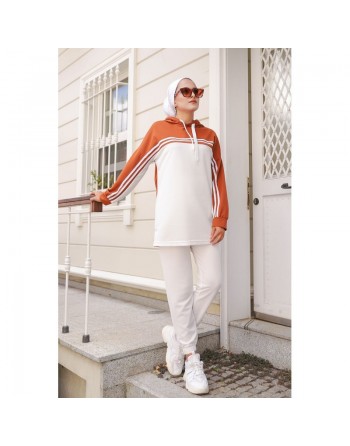 Survêtement femme (Ensemble deux pièces sweet à capuche et pantalon) - Couleur Blanc et Brique 