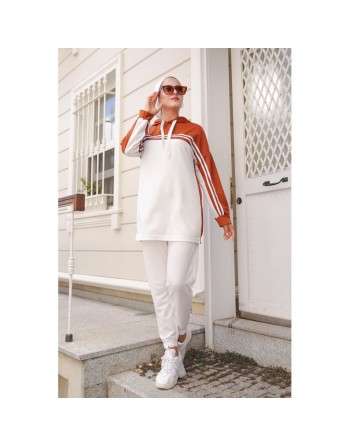 Survêtement femme (Ensemble deux pièces sweet à capuche et pantalon) - Couleur Blanc et Brique 