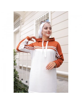 Survêtement femme (Ensemble deux pièces sweet à capuche et pantalon) - Couleur Blanc et Brique 