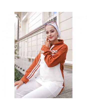 Survêtement femme (Ensemble deux pièces sweet à capuche et pantalon) - Couleur Blanc et Brique 