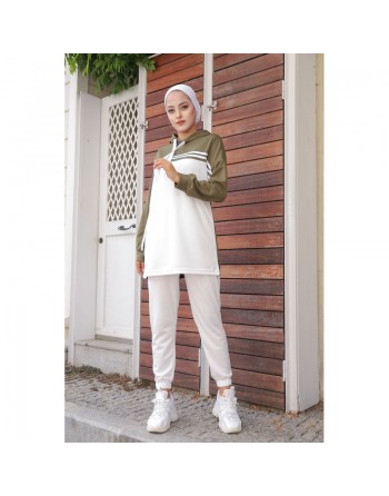 Survêtement Sport femme (Ensemble deux pièces sweet à capuche et pantalon) - Couleur Blanc et Kaki 