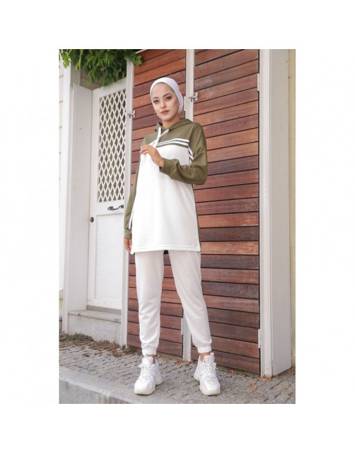 Survêtement Sport femme (Ensemble deux pièces sweet à capuche et pantalon) - Couleur Blanc et Kaki Survêtement Sport femme (Ensemble deux pièces sweet à capuche et pantalon) - Couleur Blanc et Kaki
